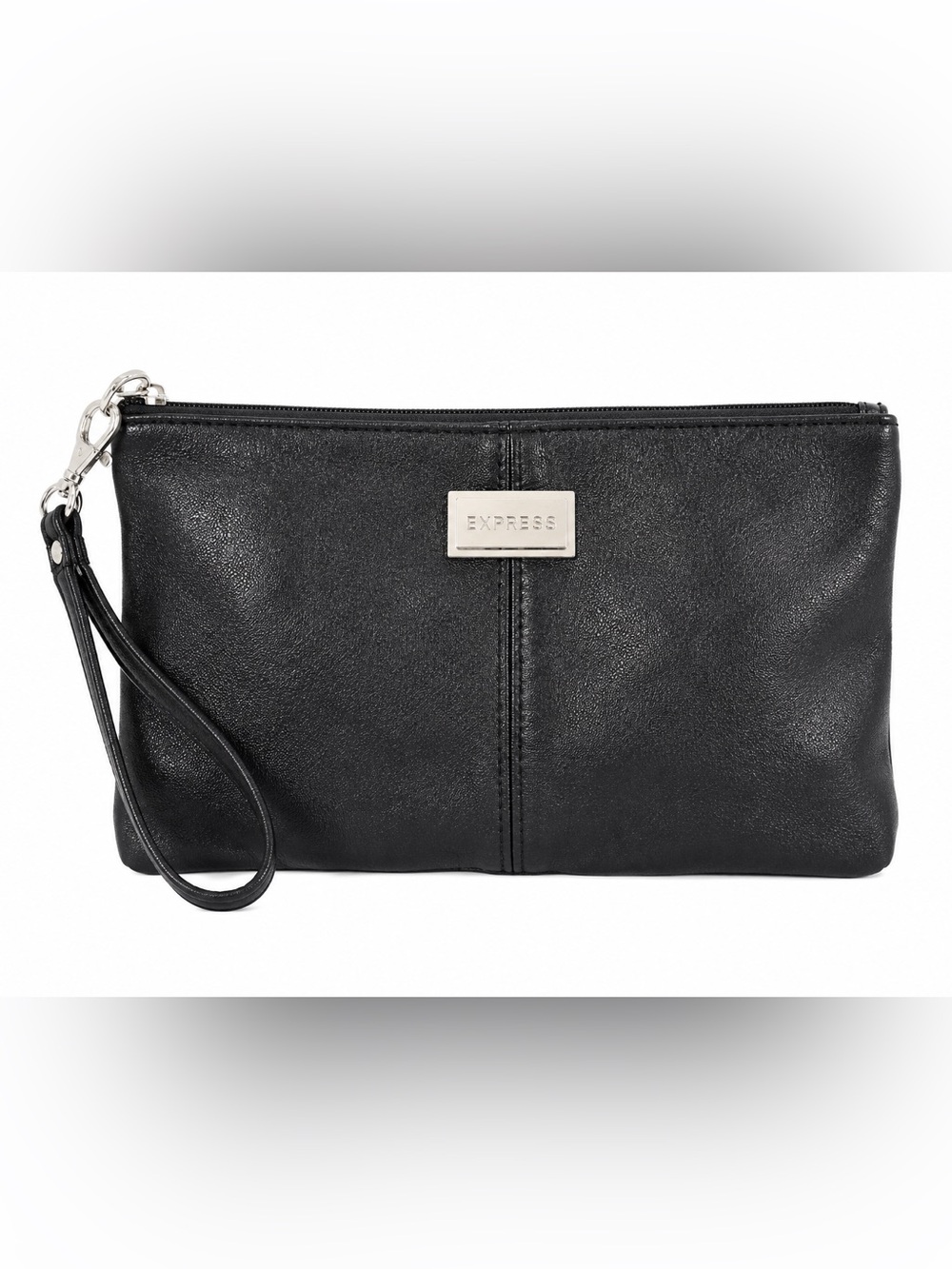 Express Black Faux Leather Zip Wristlet Clutch Pouch Silver Logo OS